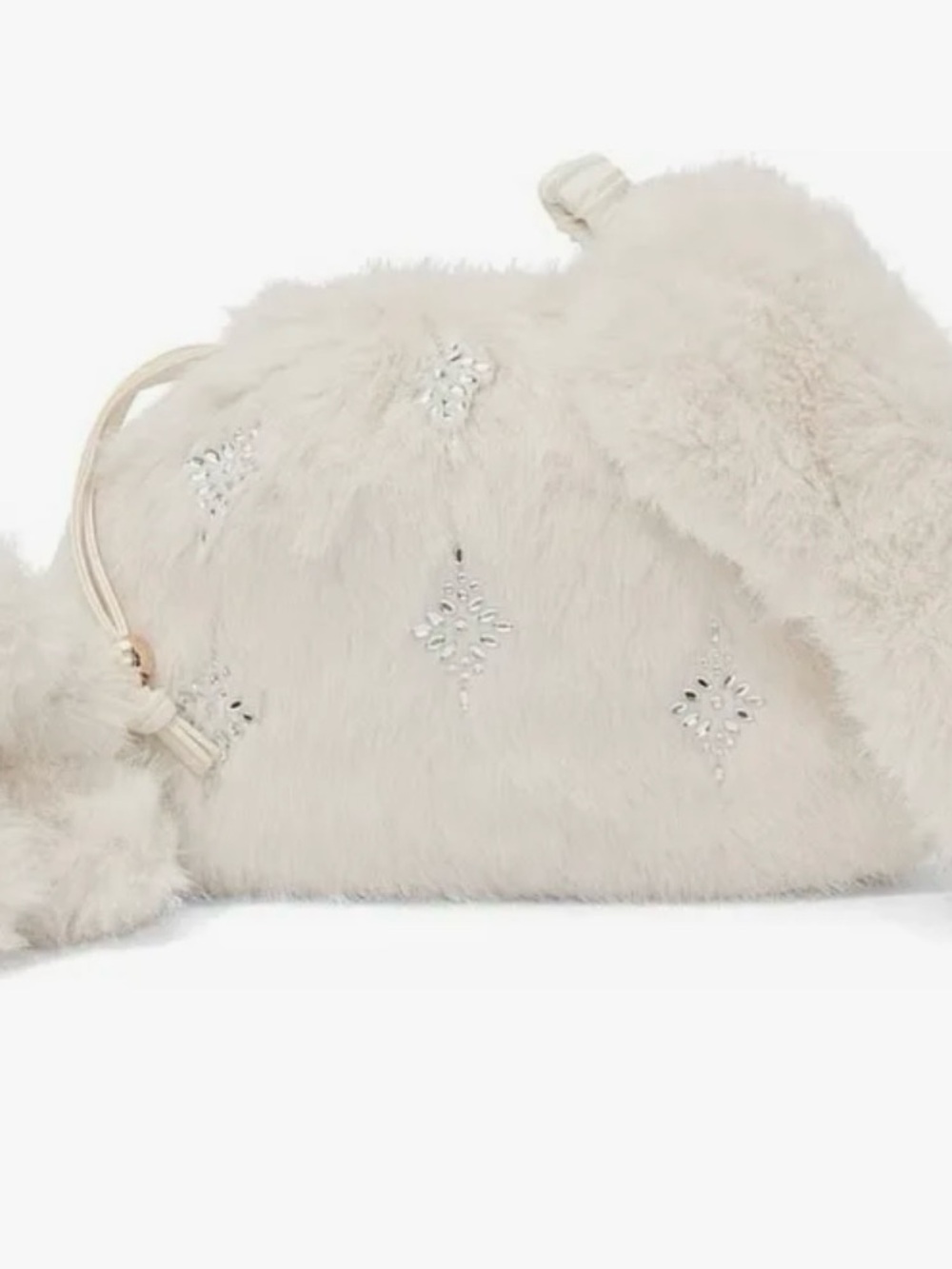 Victoria's Secret Cream Faux Fur Drawstring Mini Bag with Crystal Accents